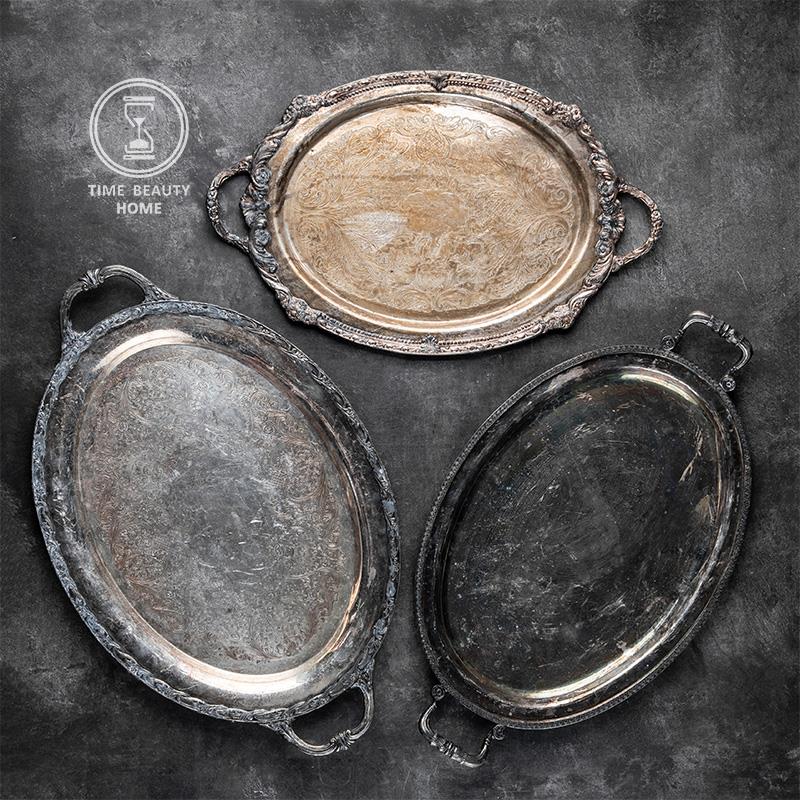 8.12 T组 精品 西式古董复古VINTAGE 镀银带把大餐盘 家居旧物