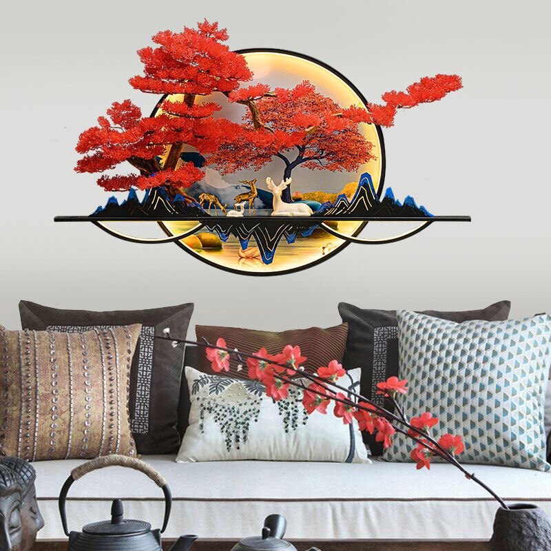 新中式挂画国风玄关客厅沙发背景墙上立体迎客松圆形带灯铁艺壁饰