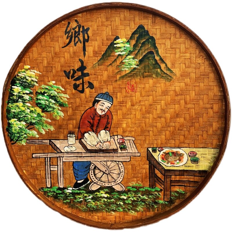 复古怀旧手工竹编簸箕手绘画装饰酒店饭店墙壁挂件农家乐挂饰壁饰