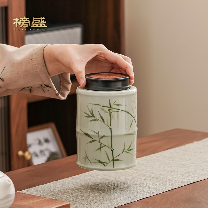 榜盛手绘茶叶罐陶瓷家用防潮中式茶罐密封罐存茶罐高档绿茶储存罐