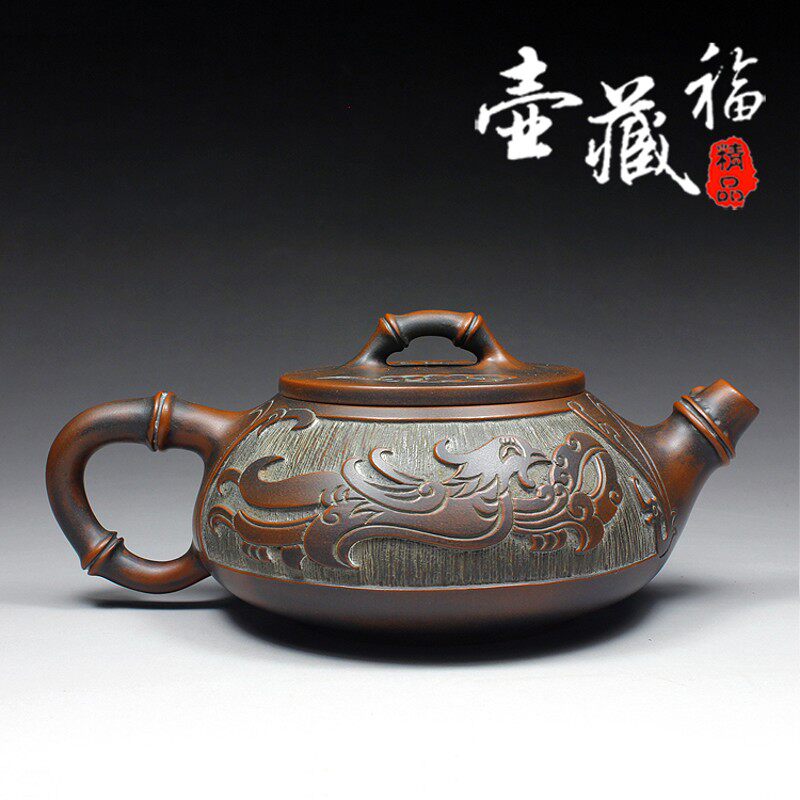 竹节石瓢壶藏福钦州坭兴陶茶壶纯手工茶具浮雕精品名家993