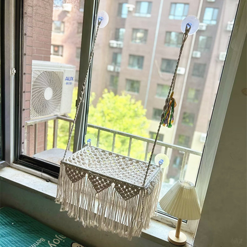 大号吸盘猫吊舒服透气床波西米亚手工编织猫窝肥猫玻璃用猫床秋千