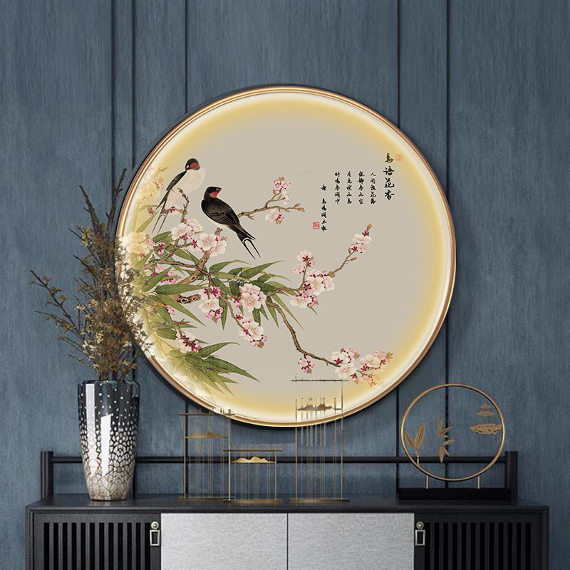 新中式柜子装饰画玄关挂画灯光画圆形客厅茶室古风走廊背景墙壁画