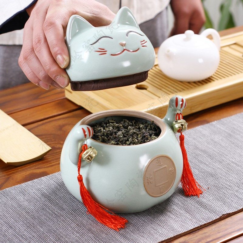 万瓷朝宗创意大号汝瓷招财猫通用密封罐储蓄罐红茶绿茶普洱茶罐子