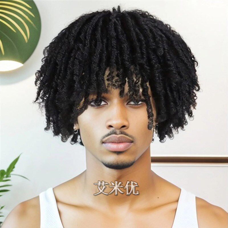 男士补发片脏辫式拉美卷头顶发片黑人烫假发美式风短夸张造型假发