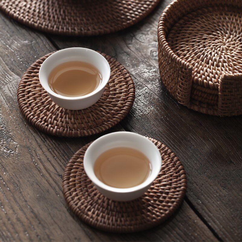 颜堂藤编杯垫套组越南秋藤手工编织杯垫养壶垫创意茶托紫砂壶垫