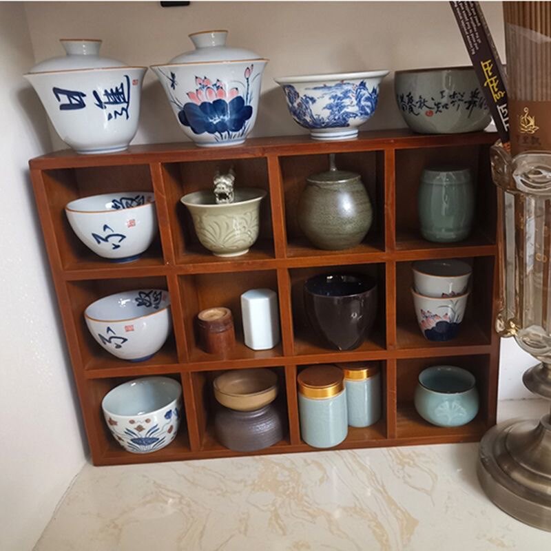 复古壁挂紫砂壶格子收纳架实木质十二格桌面收纳博古架茶具展示架