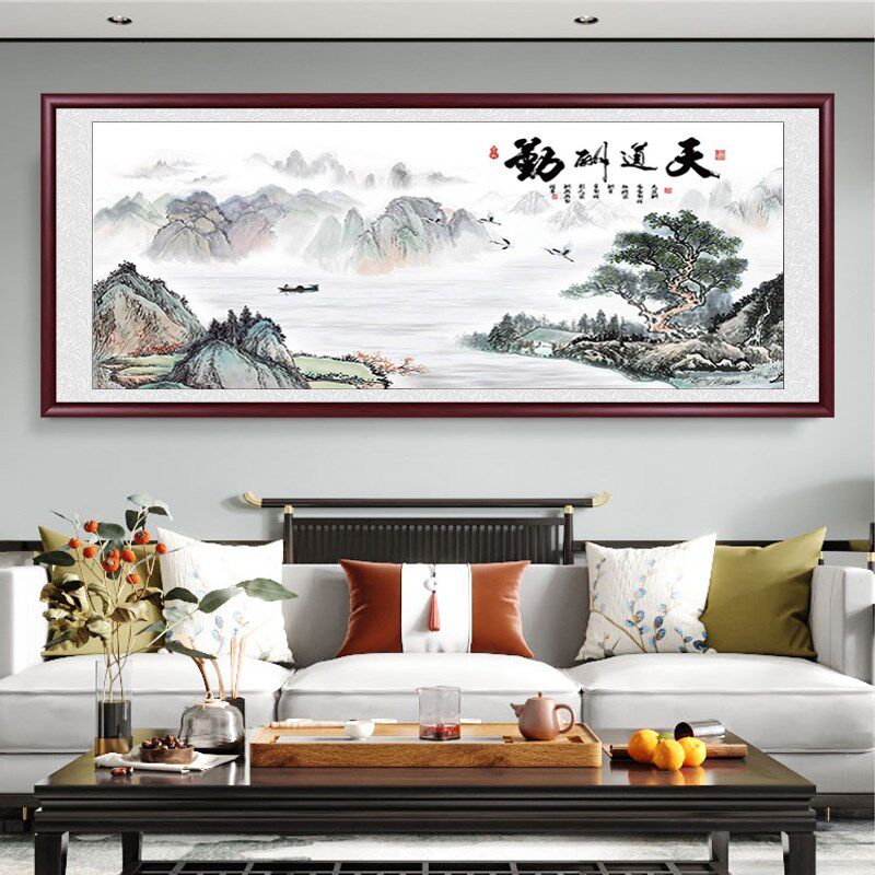 山水画客厅挂画纯手工绫布聚宝盆国画办公室新中式沙发背景装饰画