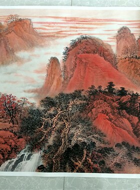 吴广 红色江山万年 横幅山水画国画艺术微喷复制中式装饰画挂画