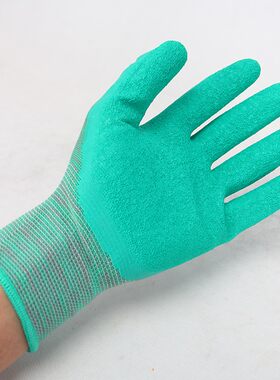 左右手380-7手套绿纱乳胶皱纹尼龙浸胶防滑耐磨工地劳保胶手套