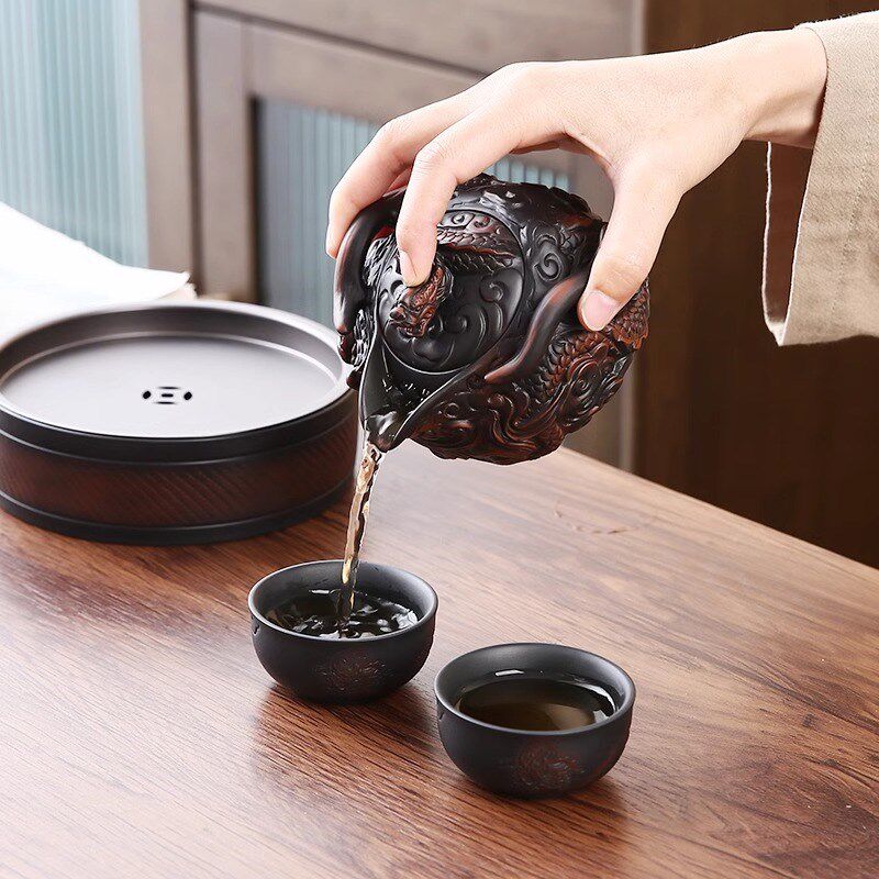 原彩品手抓壶紫陶茶壶手工堆雕复古典雅飞龙大容量陶瓷壶创意个性