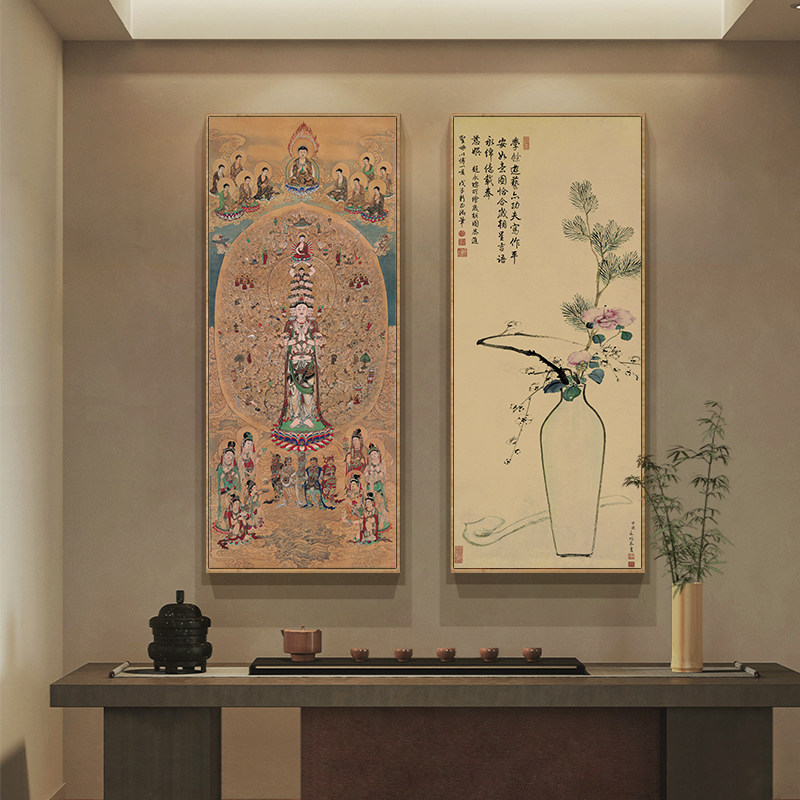 千手观音新中式茶室挂画佛系心经书法字画玄关装饰画竖版客厅壁画