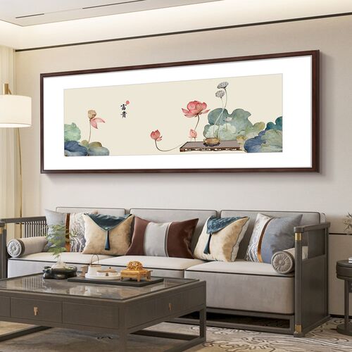 如溢美新中式荷花客厅茶室禅意装饰画沙发背景墙壁画卧室横幅挂画