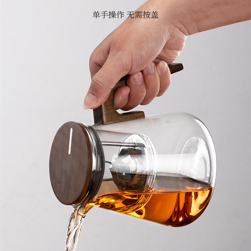 磁吸飘逸杯泡茶壶全玻璃内胆胡桃木加厚茶水分离家用一键过滤茶具
