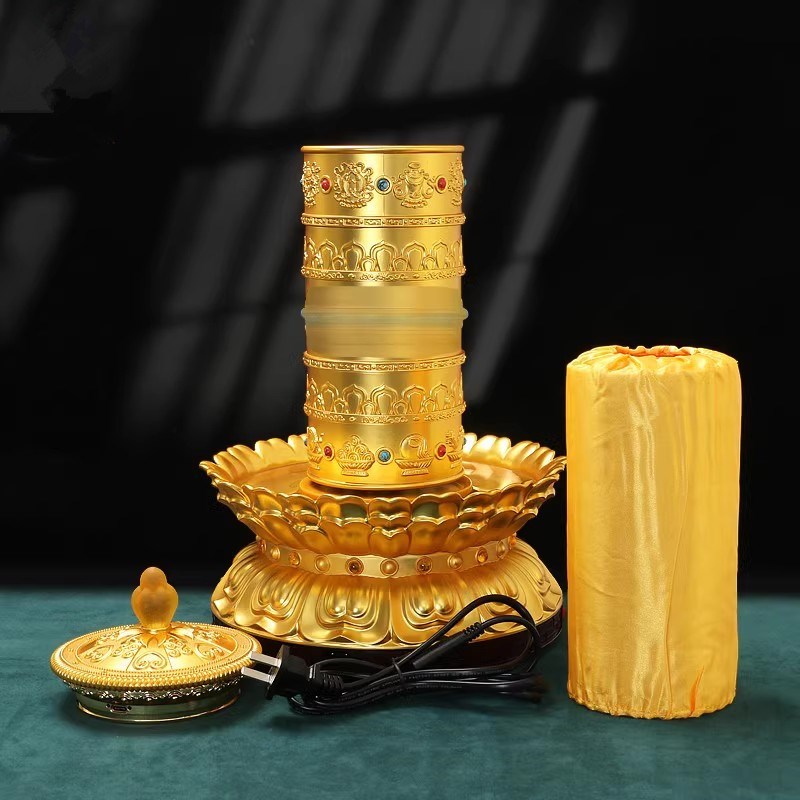 新款藏式莲花转轮电动转筒转运轮客厅家用摆件八吉祥转金筒转金桶