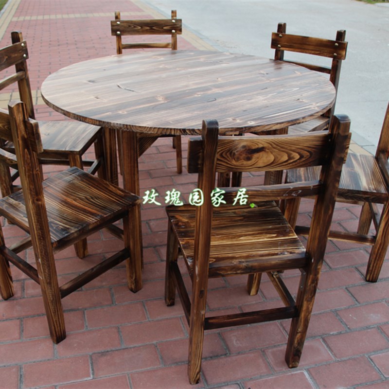 中式炭烧桌火锅桌碳化色餐桌椅碳烧台凳饭店圆桌椅黑色复古酒店桌