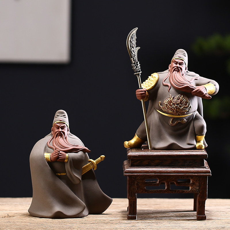 武财神关公招财车载摆件复古手工描金武圣关羽青龙偃月刀家居饰品