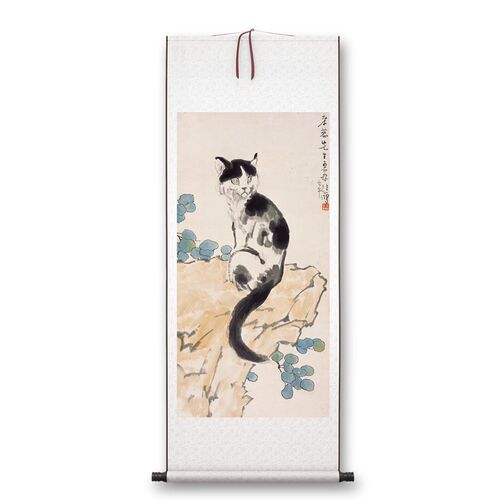 徐悲鸿《猫图》客厅书房茶室竖版装饰挂画玄关水墨高清卷轴字画
