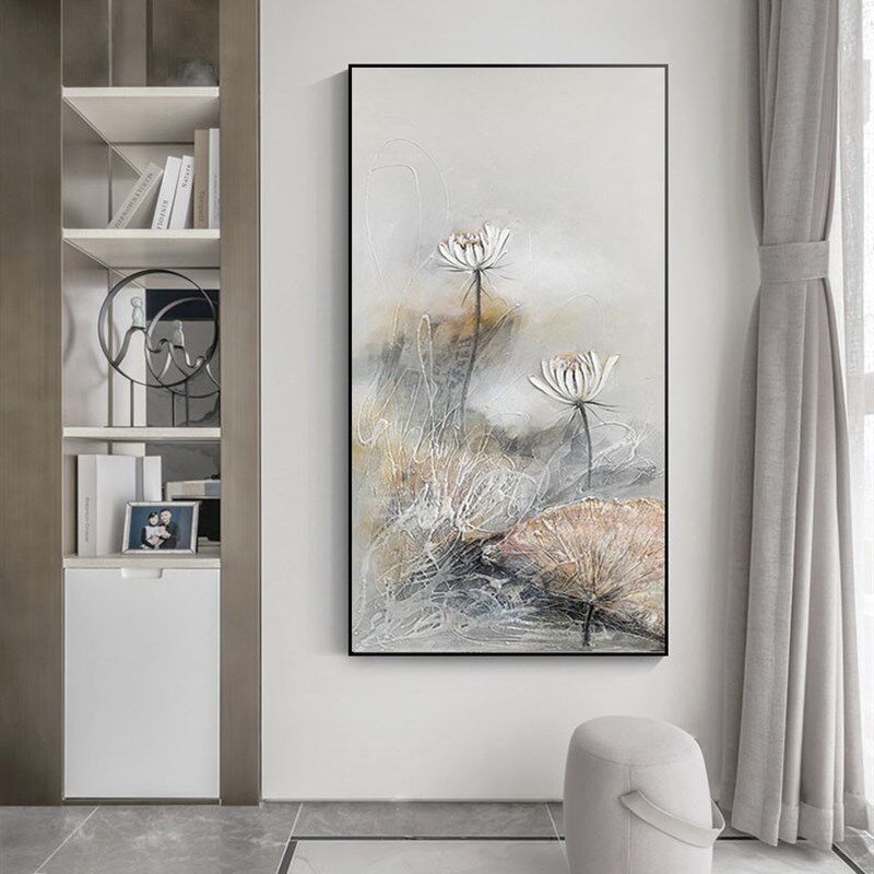 入户玄关装饰画荷花油画竖版走廊尽头新中式挂画客厅写意风景壁画