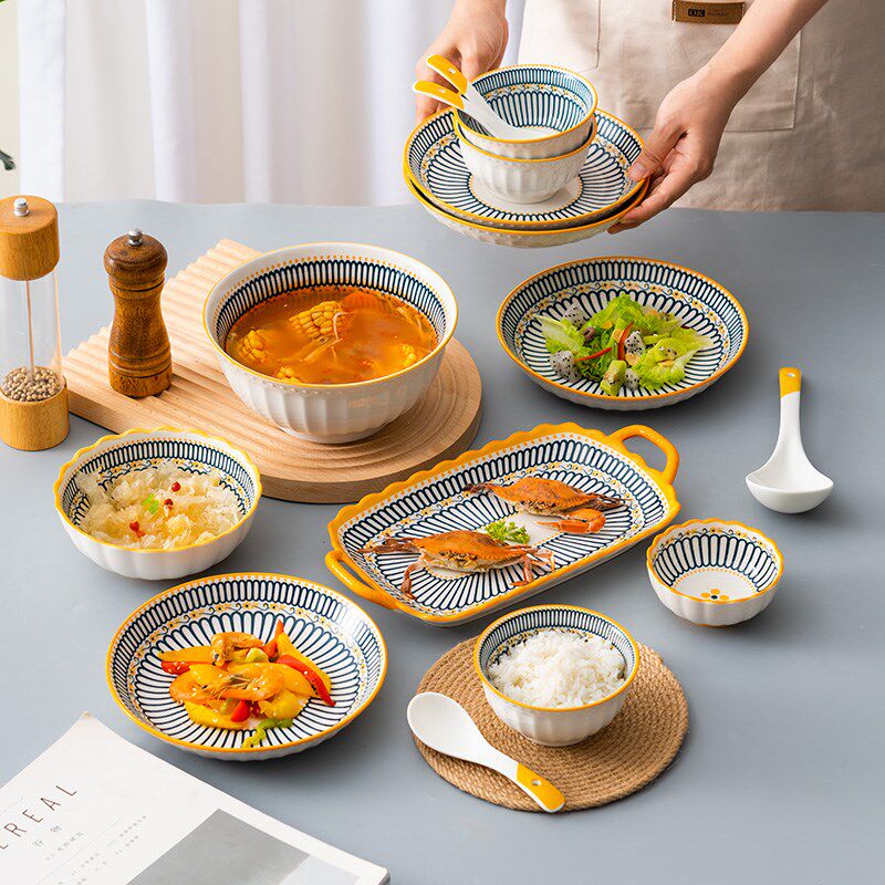 锦上添花碗碟套装家用日式碗盘陶瓷创意轻奢餐盘饭碗餐具碗勺组合