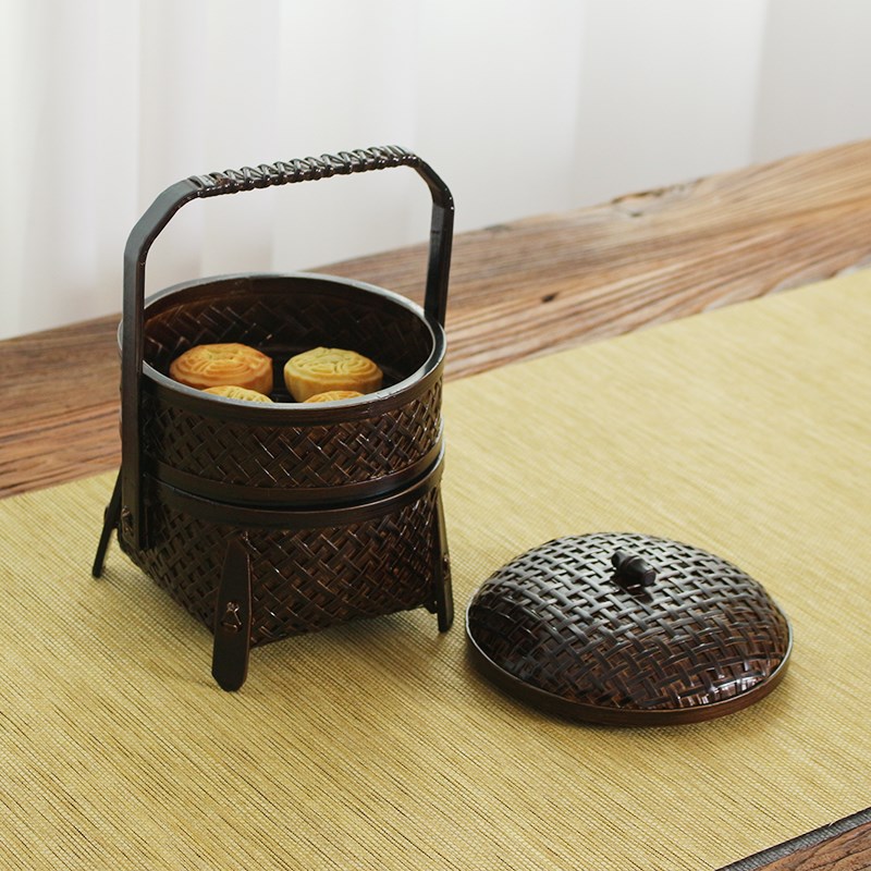 竹编日式篮子手提复古大漆食盒田园风茶道具收纳筐创意茶点盒双层