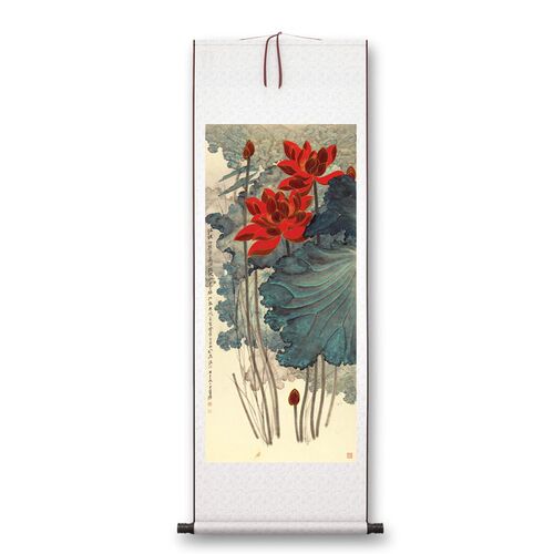 张大千《金线荷花》客厅书房茶室装饰画挂画玄关水墨高清卷轴字画