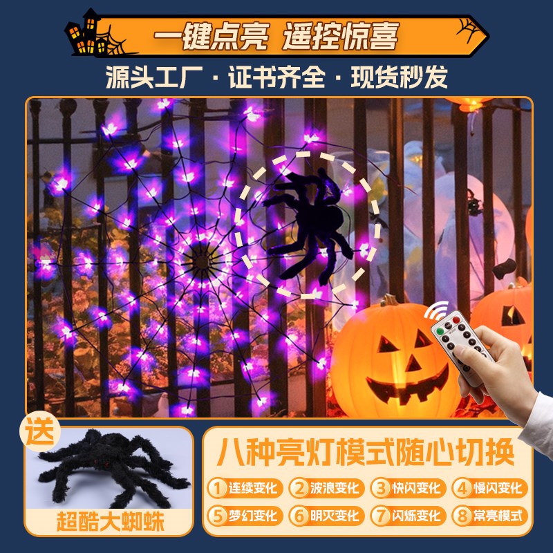 LED彩灯发光蜘蛛网挂饰万圣节主题恐怖氛围装饰玻璃场景布置道具