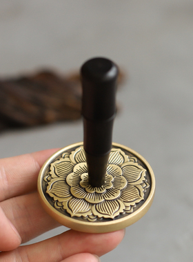 纯黄铜莲花雕刻黑檀木香灰整平器 印朴匠复古香道用具 铜质压香押