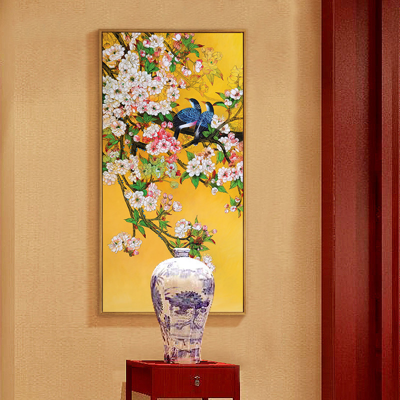 客厅装饰画新中式花鸟三联竖版挂画玄关走廊餐厅卧室简约壁画有框