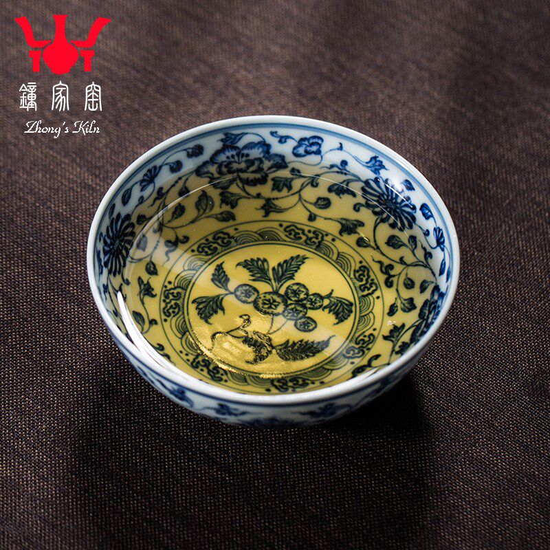 钟家窑陶瓷主人杯 柴窑青花仿元缠枝花卉普洱杯手工个人专用茶杯