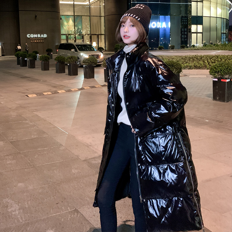 黑色亮面显瘦羽绒棉服女中长款加厚棉衣冬季侧拉链宽松面包服外套