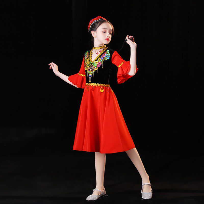 六一儿童新疆舞蹈演出服小小古丽女E童幼儿园维吾族大摆裙哈萨克图片