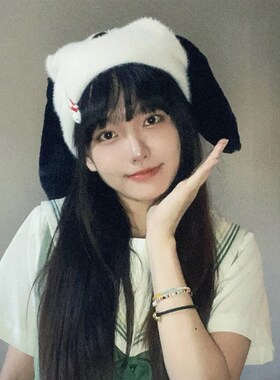 日系网红甜美可爱垂感兔耳朵毛线帽子女韩版秋冬保暖针织毛冷帽潮