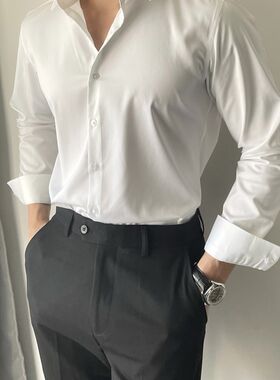 美式硬汉白衬衫肌肉男修身免烫长袖商务休闲正装衬衣西服打底寸衫