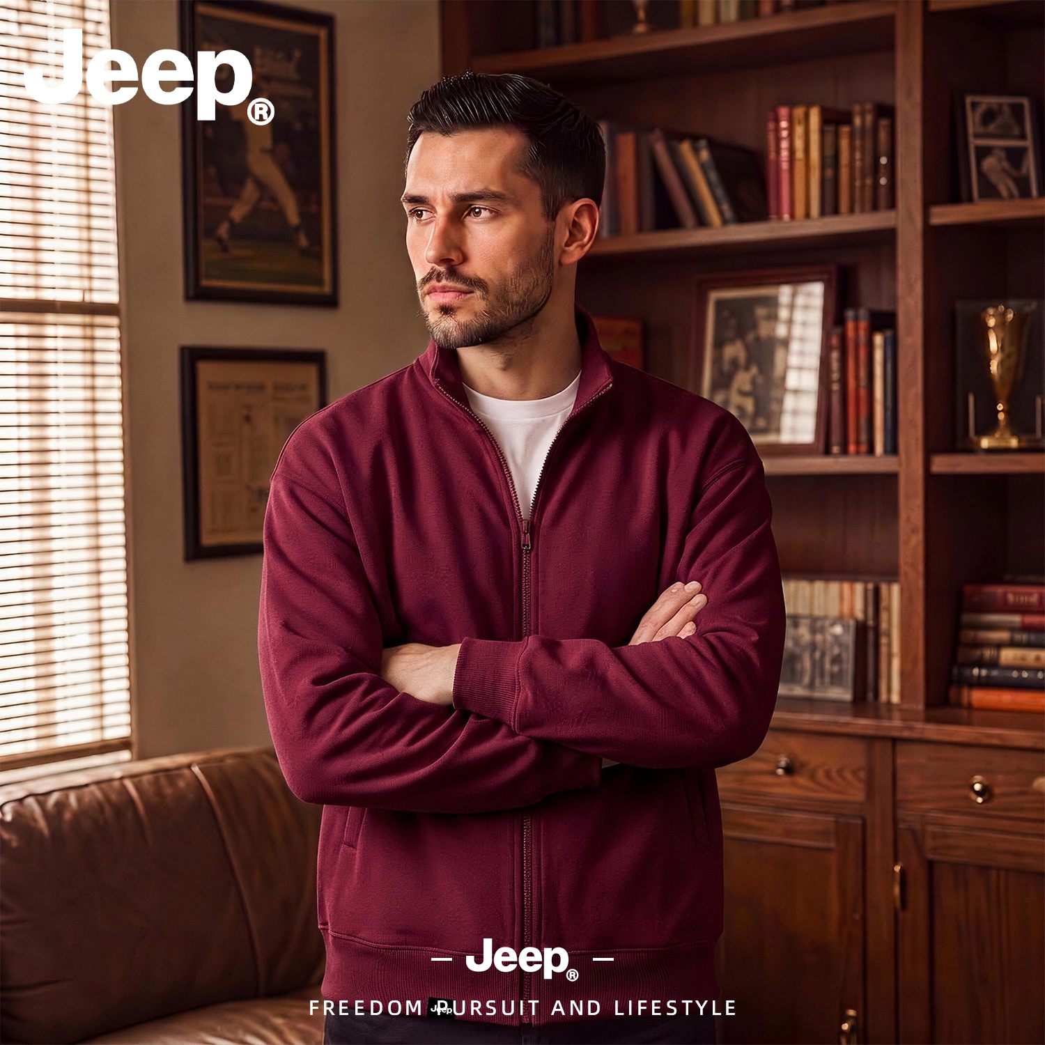 JEEP/吉普美式经典卫衣开衫男2026秋季宽松男士运动夹克休闲外套