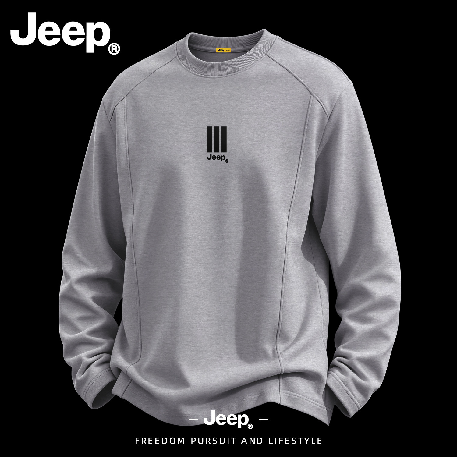 JEEP/吉普美式三竖线解构长袖T恤男秋季新款卫衣圆领宽松休闲上衣