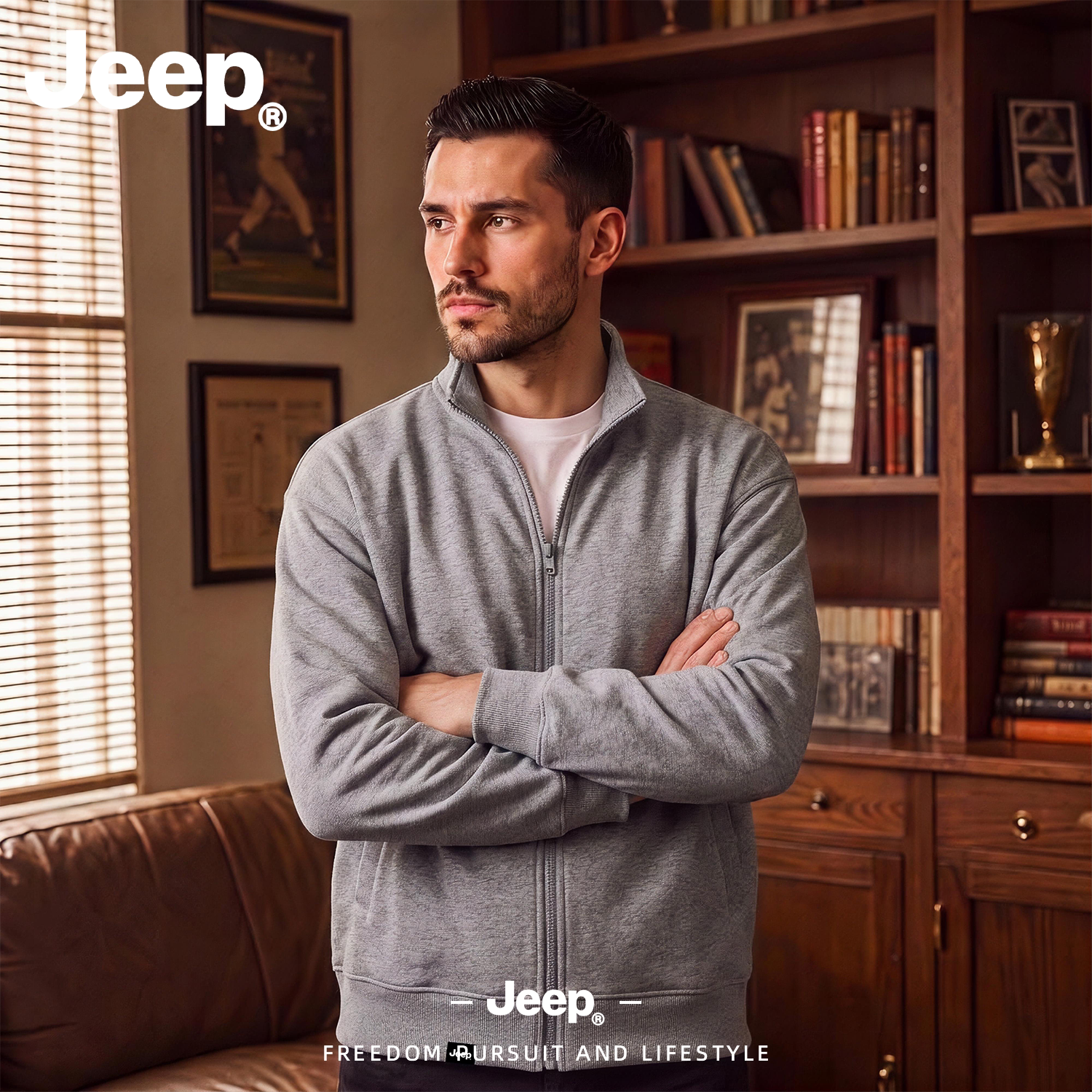JEEP/吉普美式立领卫衣开衫男士秋季宽松中青年运动夹克休闲外套