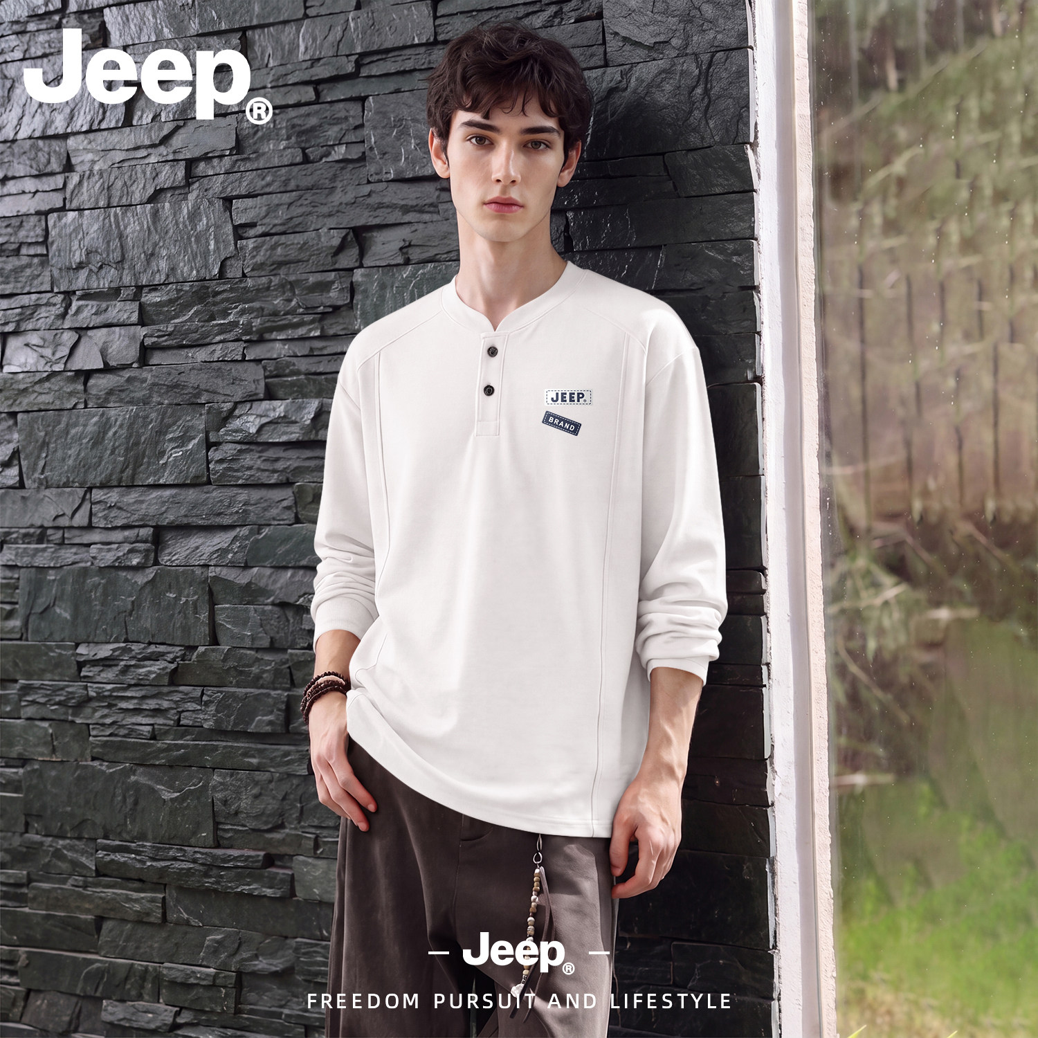 JEEP/吉普美式标签解构亨利领卫衣男秋季宽松高级感休闲长袖上衣