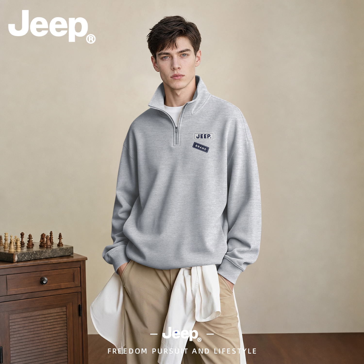JEEP/吉普灰色立领半拉链卫衣男秋季长袖男士套头衫休闲长袖上衣