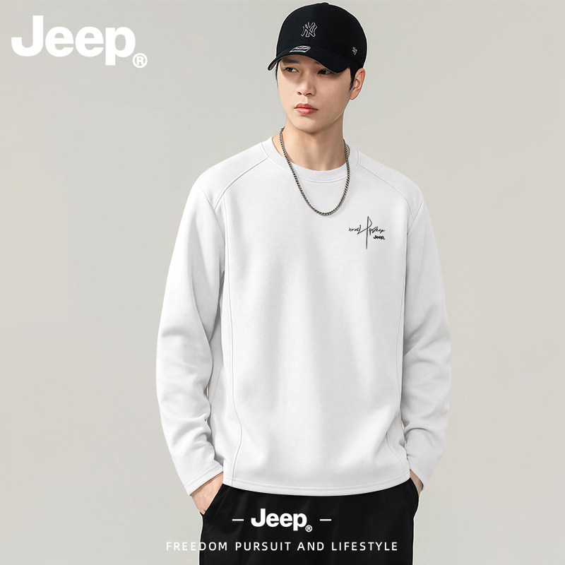 JEEP/吉普钢笔字圆领白色卫衣男秋季休闲宽松简约运动风长袖上衣