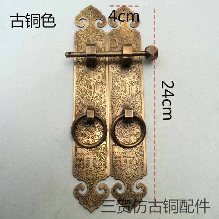 中式仿古纯铜大门柜门直条拉手刻花明装门条衣柜拉环装饰插销把手