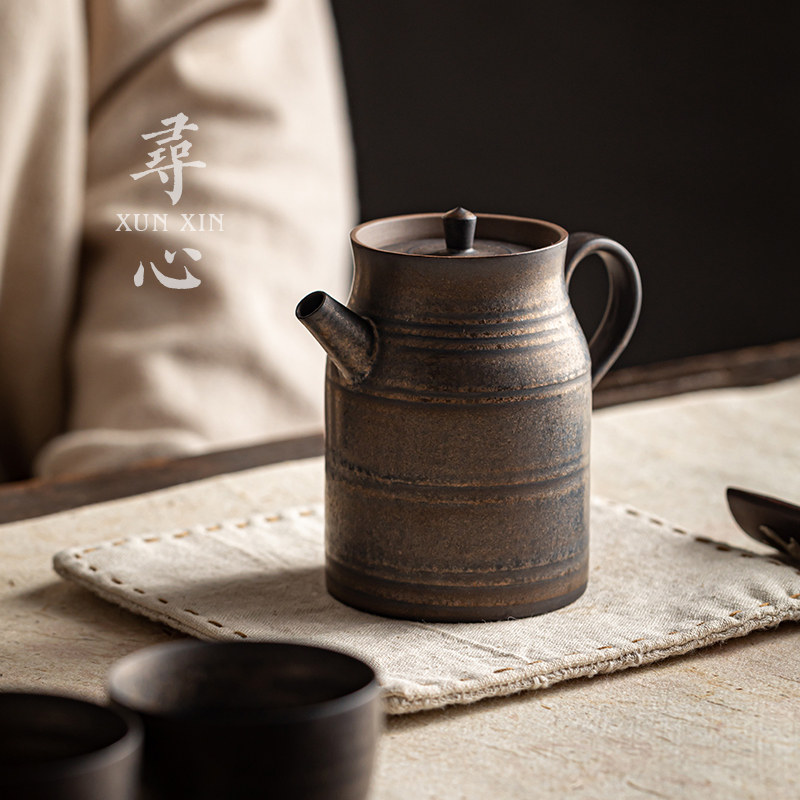 寻心粗陶手作高壶复古鎏金铁锈釉中式沏茶壶功夫茶具泡茶单壶