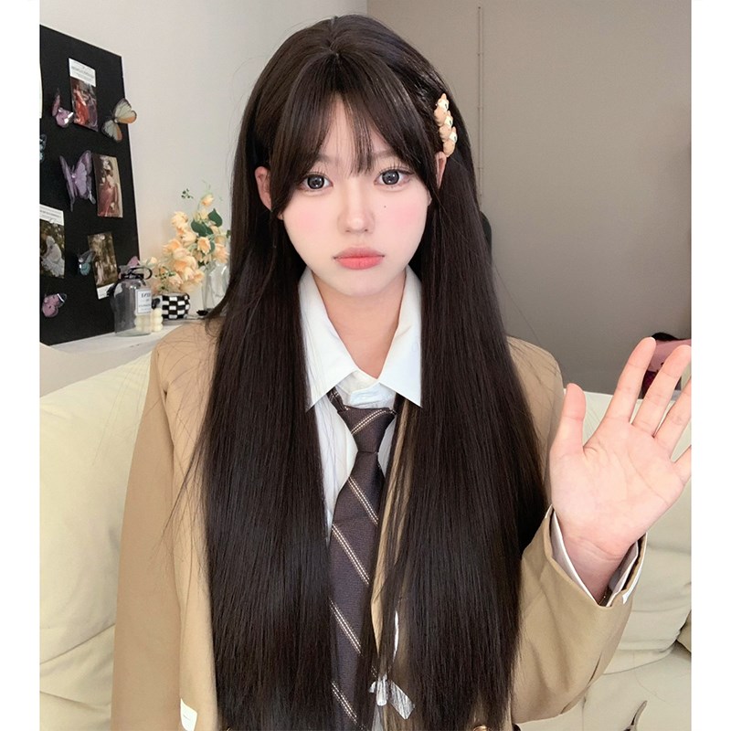 束朵假发女日常网红夏季新款自然长直发逼真齐刘海全头套式假发