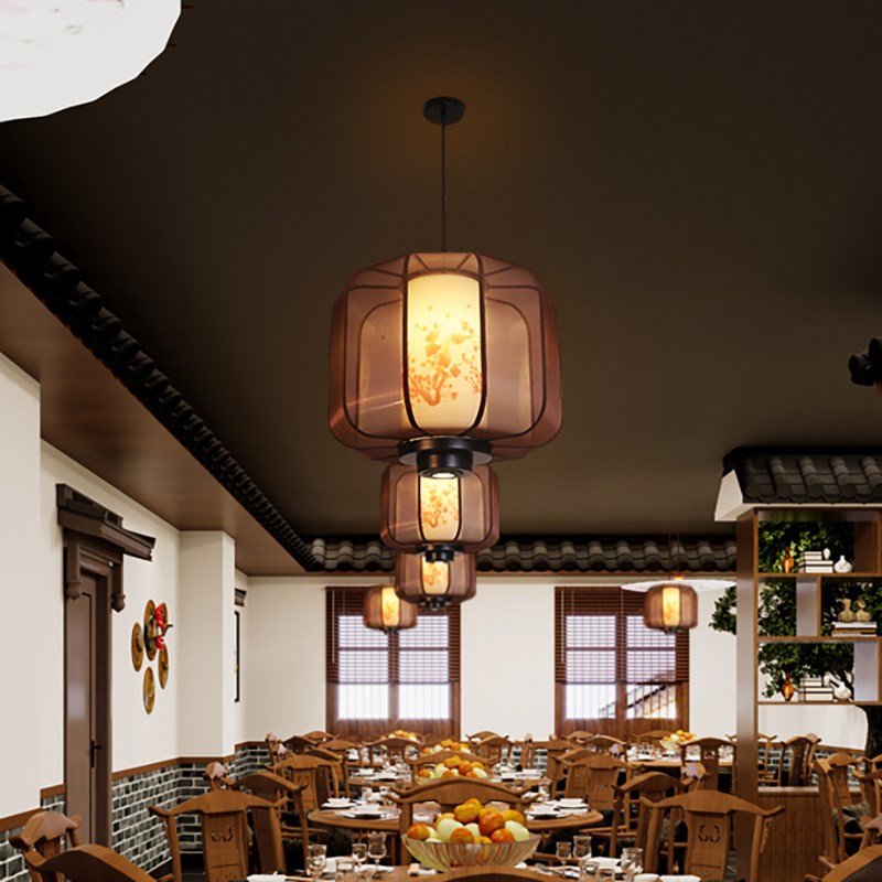 中式灯笼吊灯中国风餐饮火锅店餐桌吧台包厢禅意茶室复古布艺灯具
