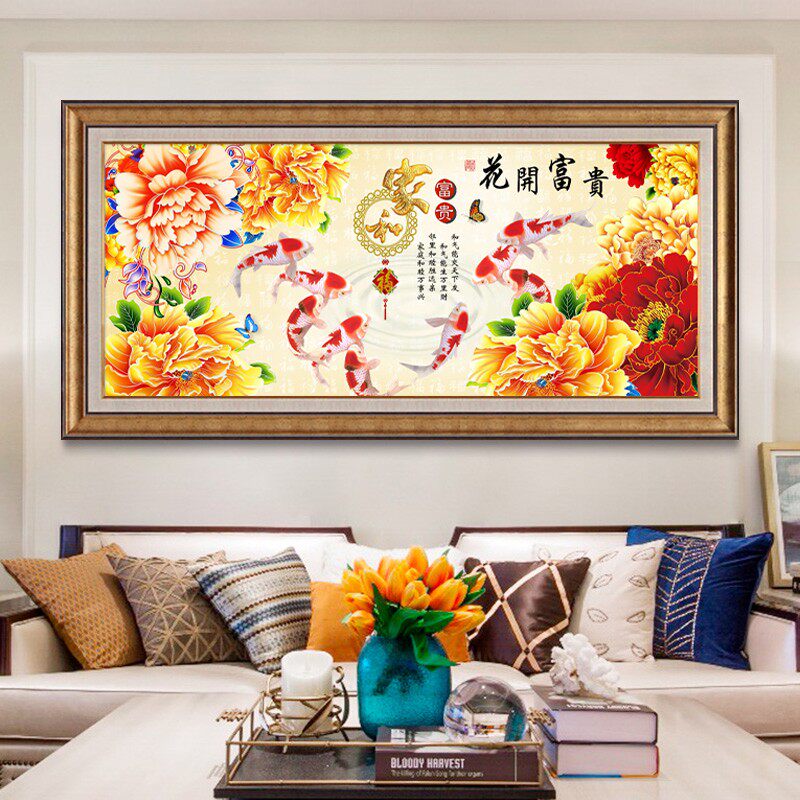 牡丹九鱼图客厅装饰画美式沙发背景墙挂画欧式壁画卧室床头画油画