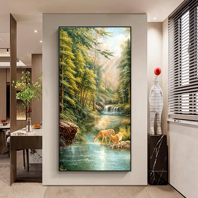 入户玄关装饰画大芬村油画走廊过道挂画竖版山水风景手绘客厅壁画