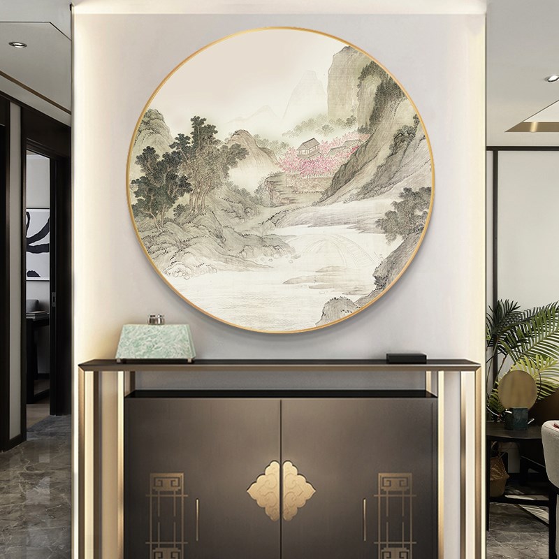 新中式玄关山水挂画湖山春暖图圆形装饰画酒店民宿茶室禅意挂画框