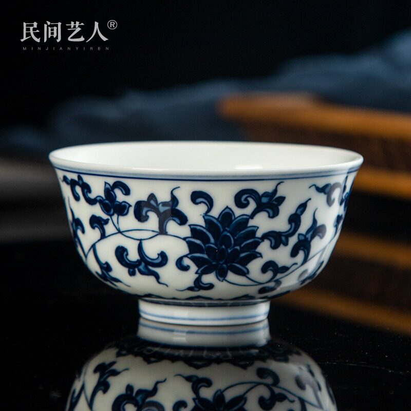 手绘缠枝莲青花瓷主人杯单杯景德镇柴窑陶瓷功夫茶具茶杯品茗杯子