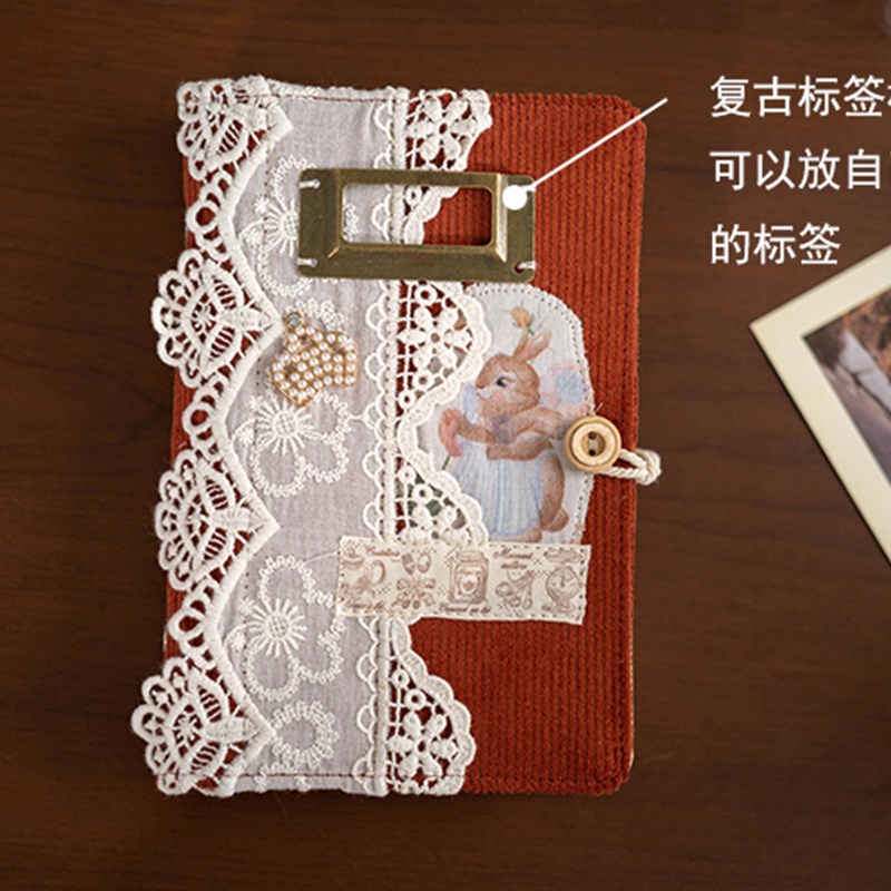 复古蕾丝兔子活页线装A6A5文艺笔记本日记本灯芯绒布艺手账本手工