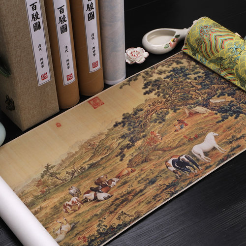郎世宁百骏图高清艺术微喷宣纸绢布打印装裱手卷轴装饰画百马图